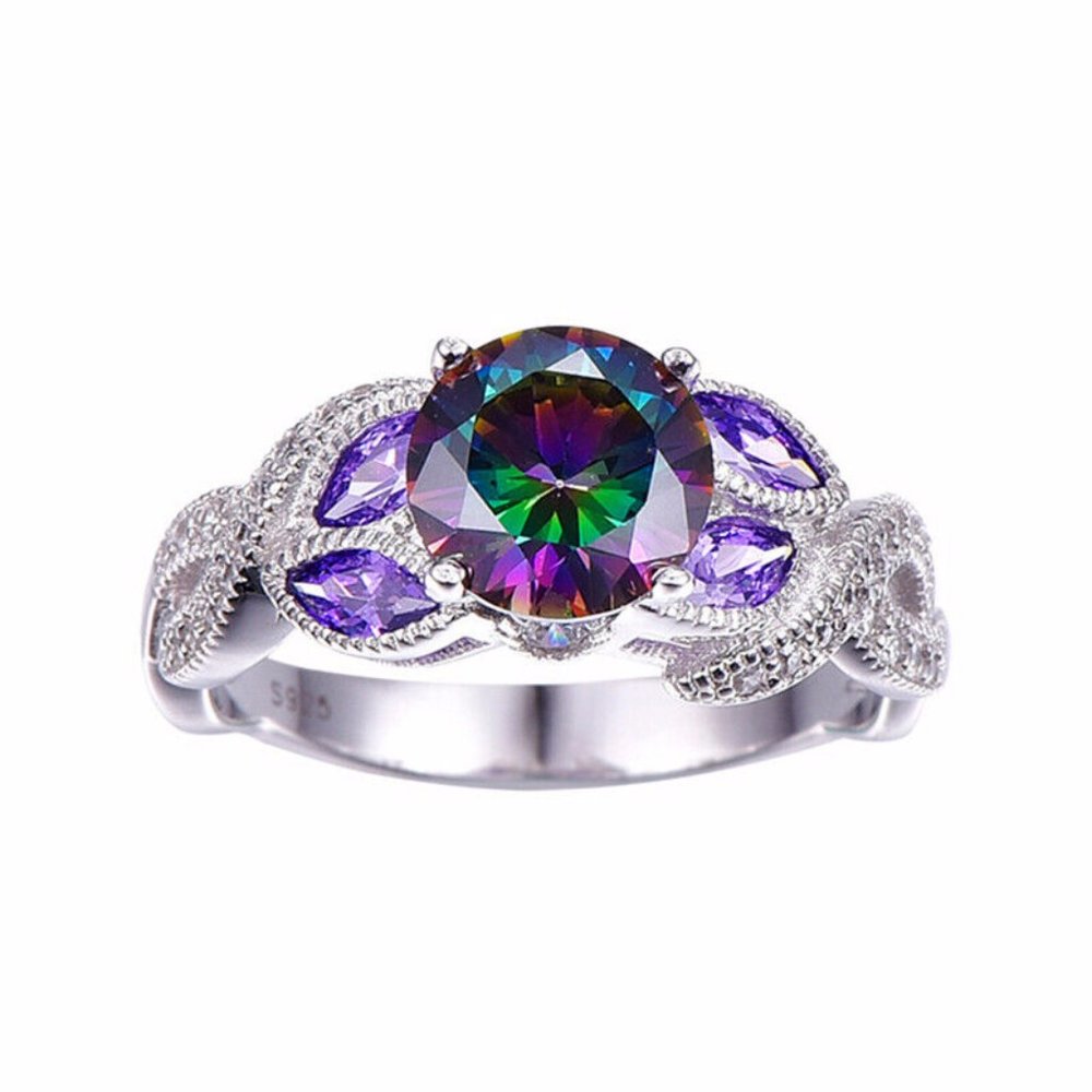 Fantastic 925 Silver Round Cut Mystic Topaz Ring - Picture 2 of 5